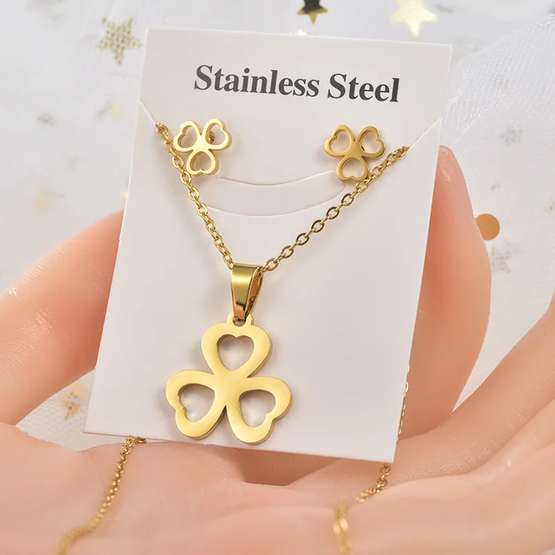 316 Stainless Steel Colorfast Necklace Women Girls Stainless Steel 3 Pieces High Quality Good Plated Set  Gold  Earrings