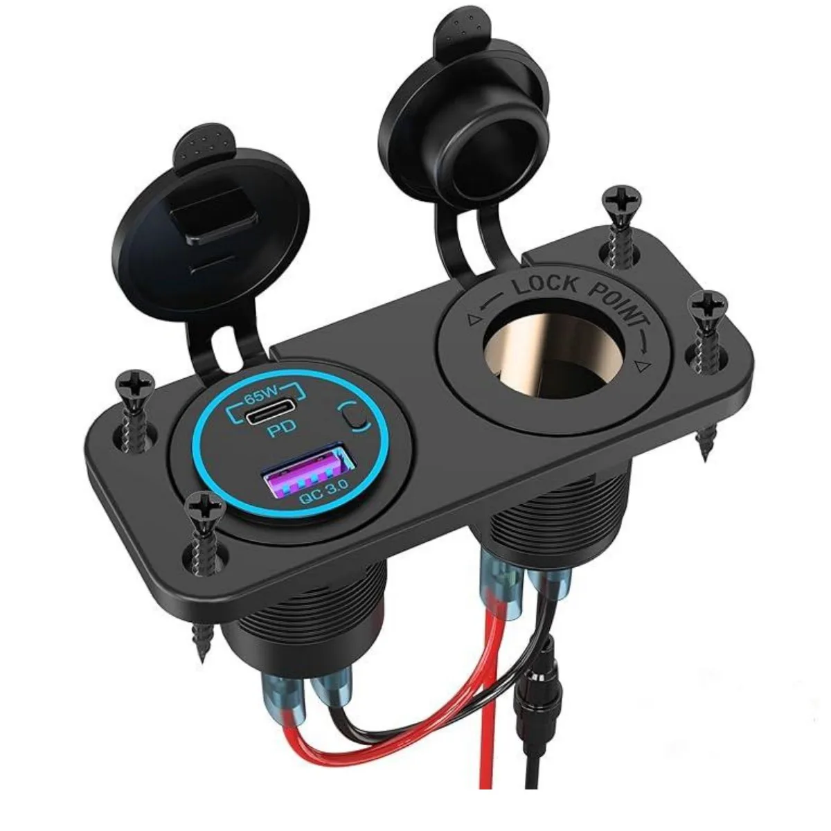 QC 3.0+pd 65w  Car Charger Socket Cigarette Lighter Outlet Splitter Dual USB Charger Waterproof Power Socket Adapter