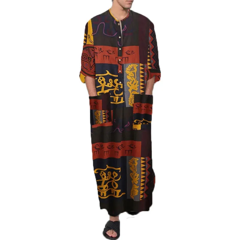 Men Muslim Clothing Pocket Full Sleeve Islamic Ethnic Clothes Tradition Outfit Male Religion Wear