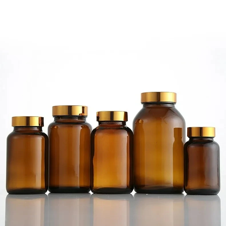 Factory Wholesale 60 80 100 120 150 200 250ml Tablets Pill Bottle With Gold Cap Amber Capsule Supplement Bottle