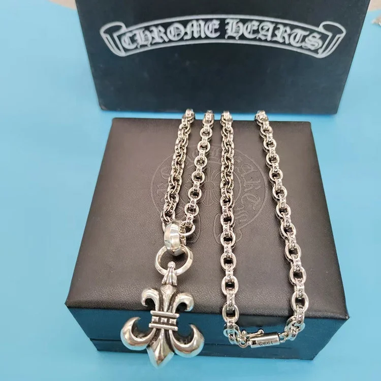 Vintage chrome heart necklace jewelry Cross pendant long cross double pendants retro Thai silver necklace for man