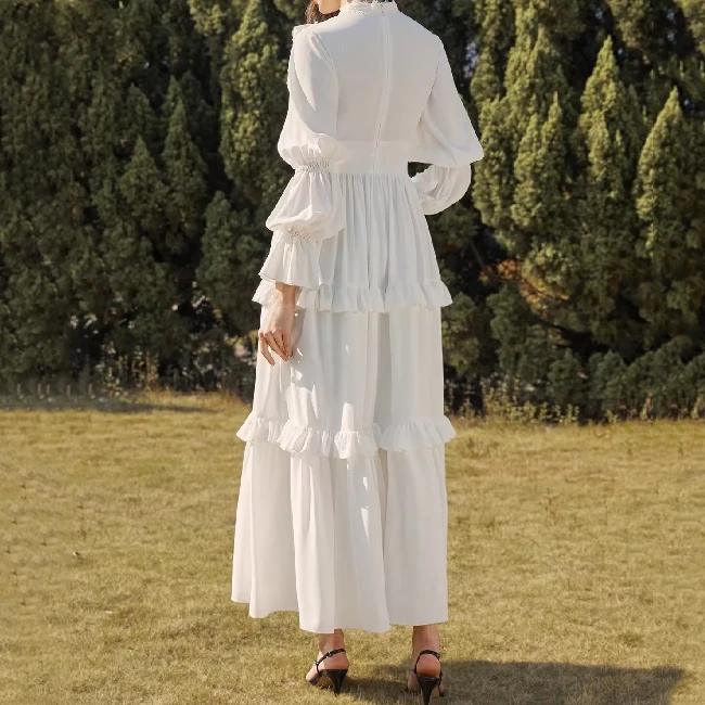 Fashion Casual Women Street Wear Long Gathered Sleeve Layered Ruffle Maxi Dress