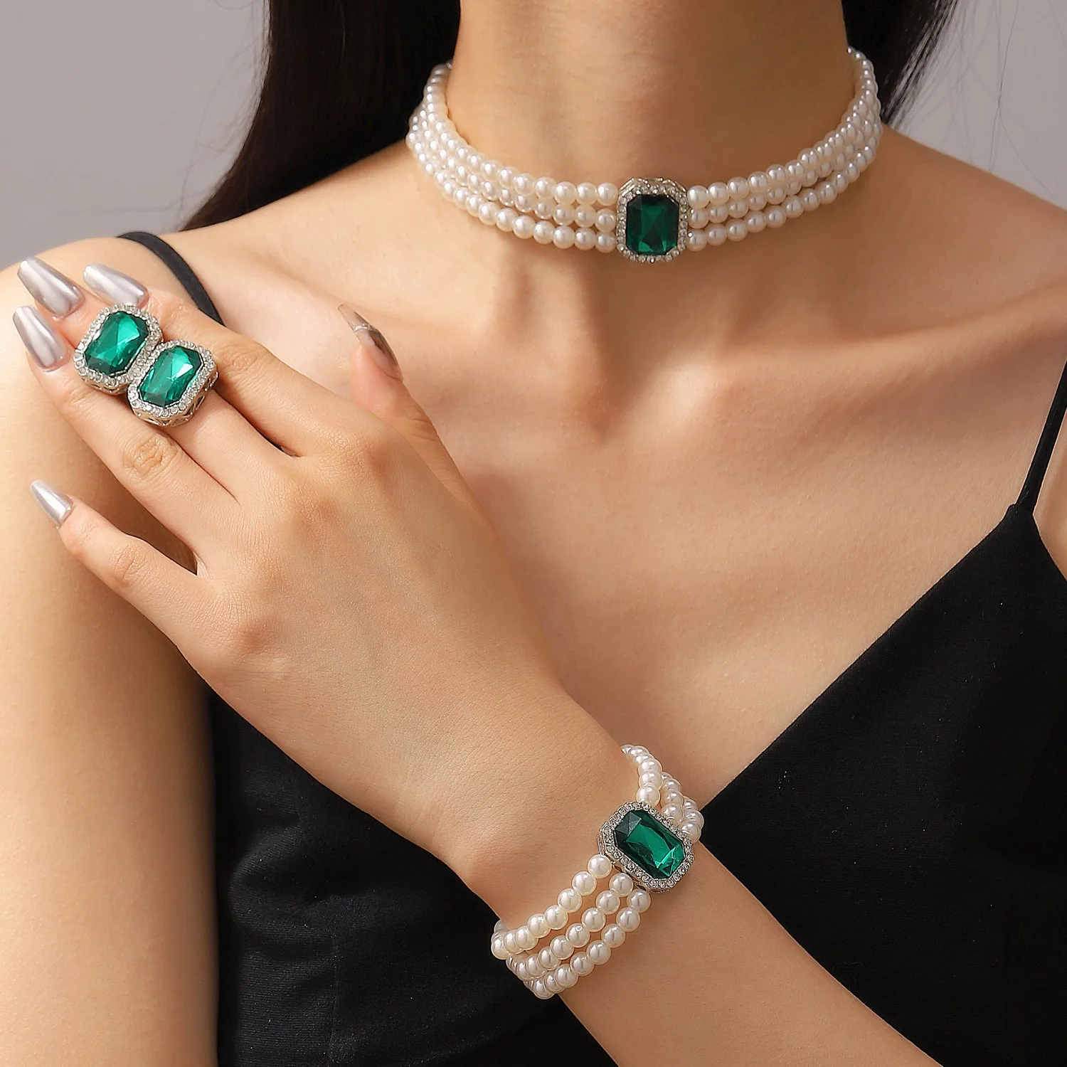 3Pcs Imitation Pearl Beaded Choker CZ Inlaid Square Crystal Charm Bracelet Necklace Earrings Jewelry Set for Women Wedding