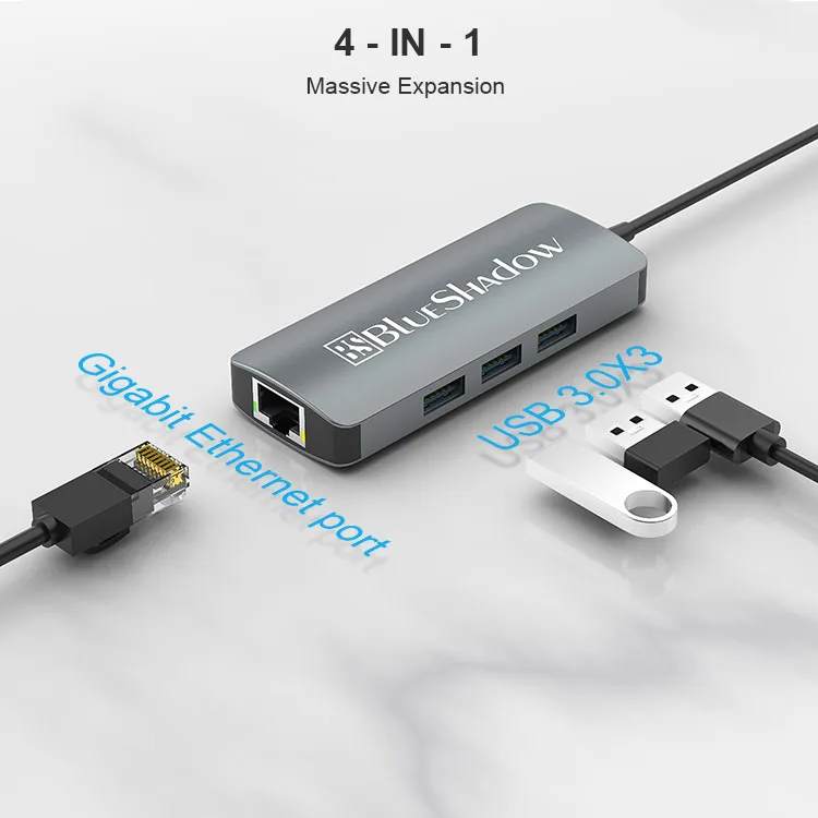 Factory Price 4 In 1 Usb 3.0 1Gbp Rj45 Gigabit Ethernet Adapter For Laptop  Type C To Ethernet Adapter