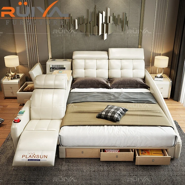 Ruiya Furniture factory direct sale modern Multifunctional smart bed tatami leather king bed with recliner chair