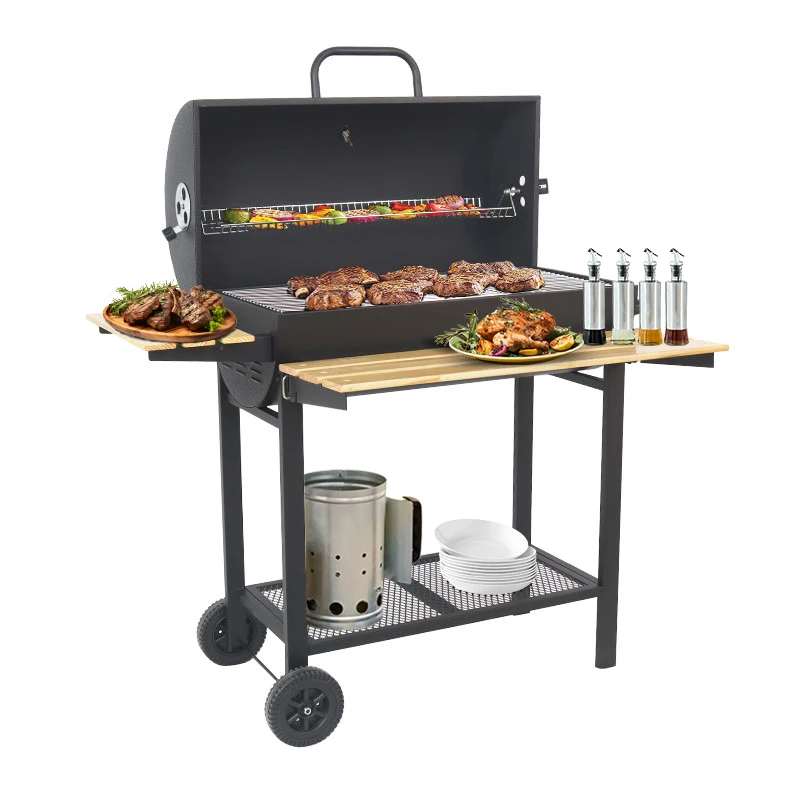 Custom Outdoor Bbq Smoker Grill Barrel Backyard Patio Charcoal Barbecue Grill With Side And Front Table