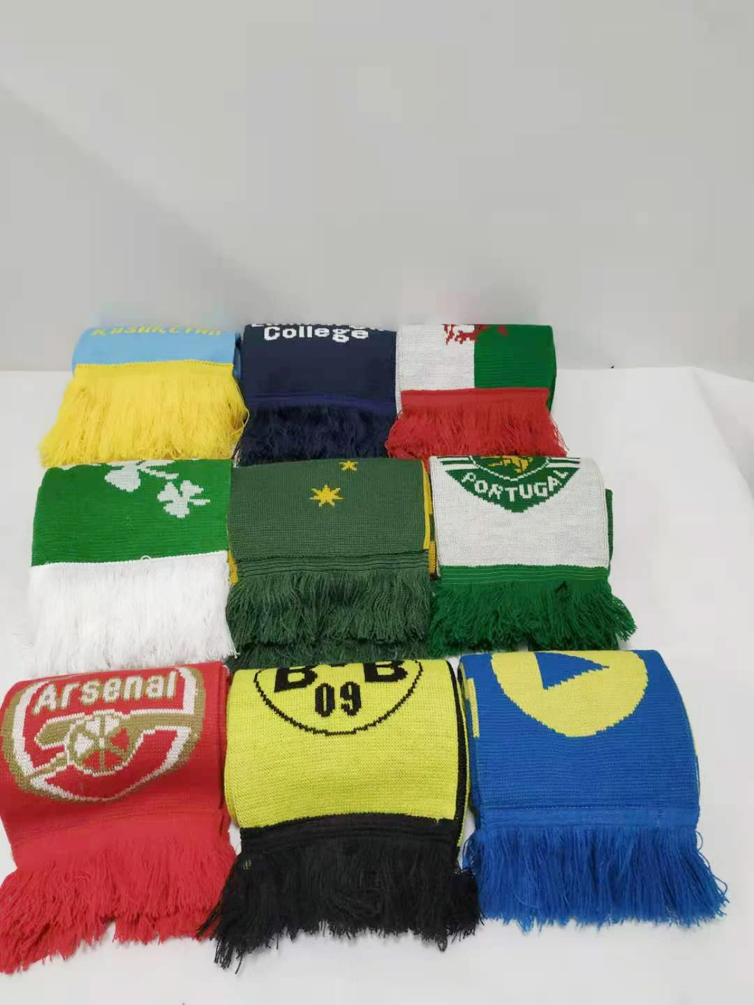 Custom festival knitted  jacquard acrylic fan scarfs with fringes and customized logo beanie in set