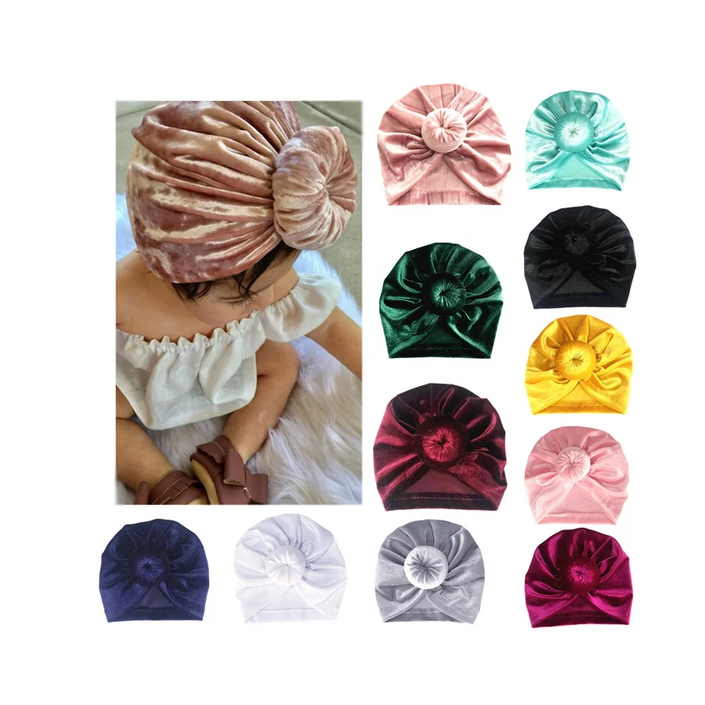 Эластичная детская шапка для маленьких девочек, тюрбан, однотонная шапка-пончик с узлом, детская шапка из индийского бархата