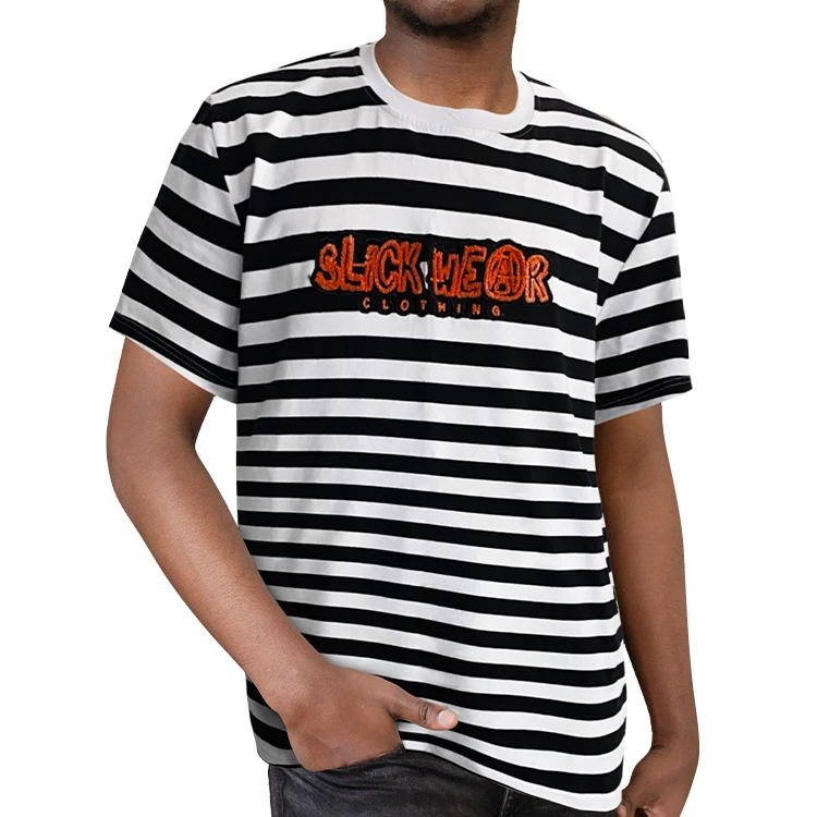 Wholesale custom towel embroidery  chenille striped t shirts unisex short sleeve t shirts