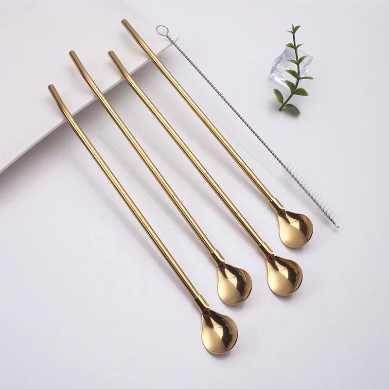 Supplier Hot Sale 2 in 1 long Straw with Spoon High Quantity Bar Accessories Colorful Stainless Steel Metal Straw