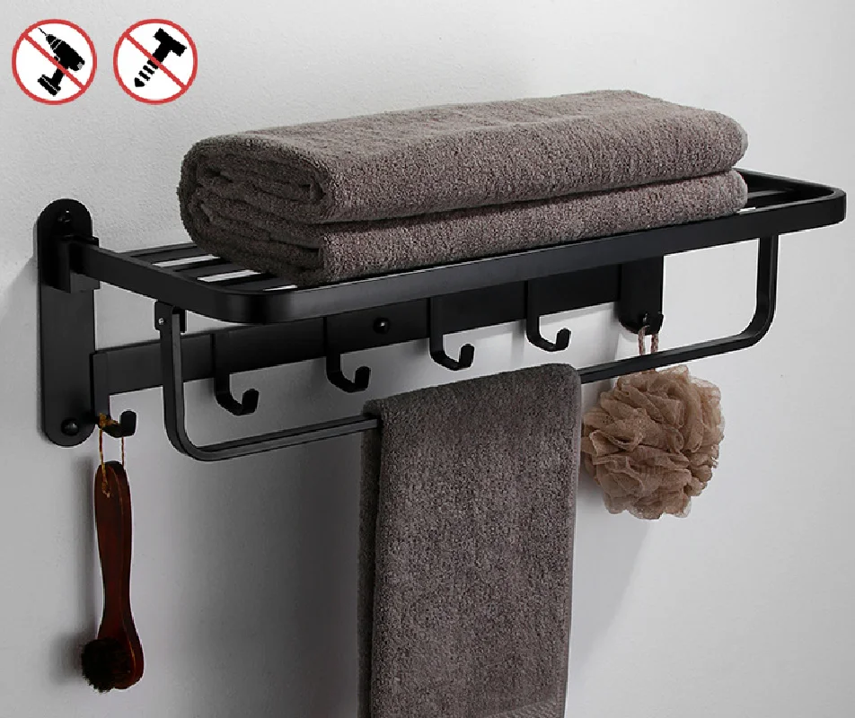 Modern No Drilling Self Adhesive Bath Towel Racks Bathroom Towel Roller Holder Foldable Square Black Towel Bars With Hooks