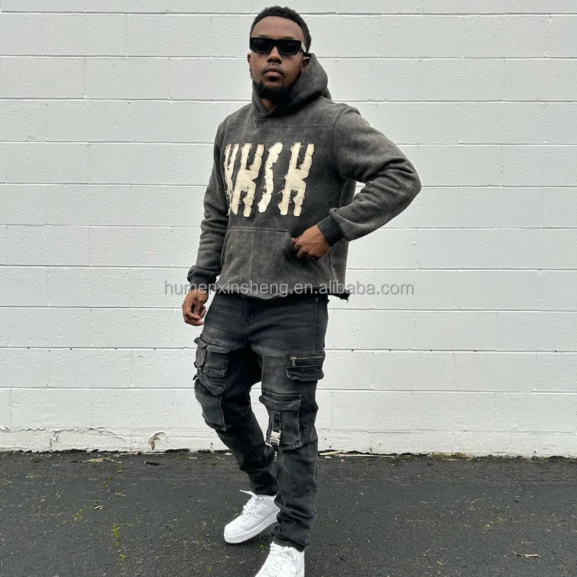 Manufacturer for customs clothes embroidered acid wash distressed applique embroidery patch hoodies sun faded hoodie