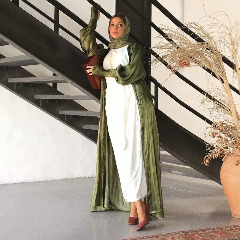 Muslim Dubai Arabian Long Sleeve Dress Satin Cardigan Robe Costume Muslim Mamma and Me Costume Modest Khimar Hijab Abaya