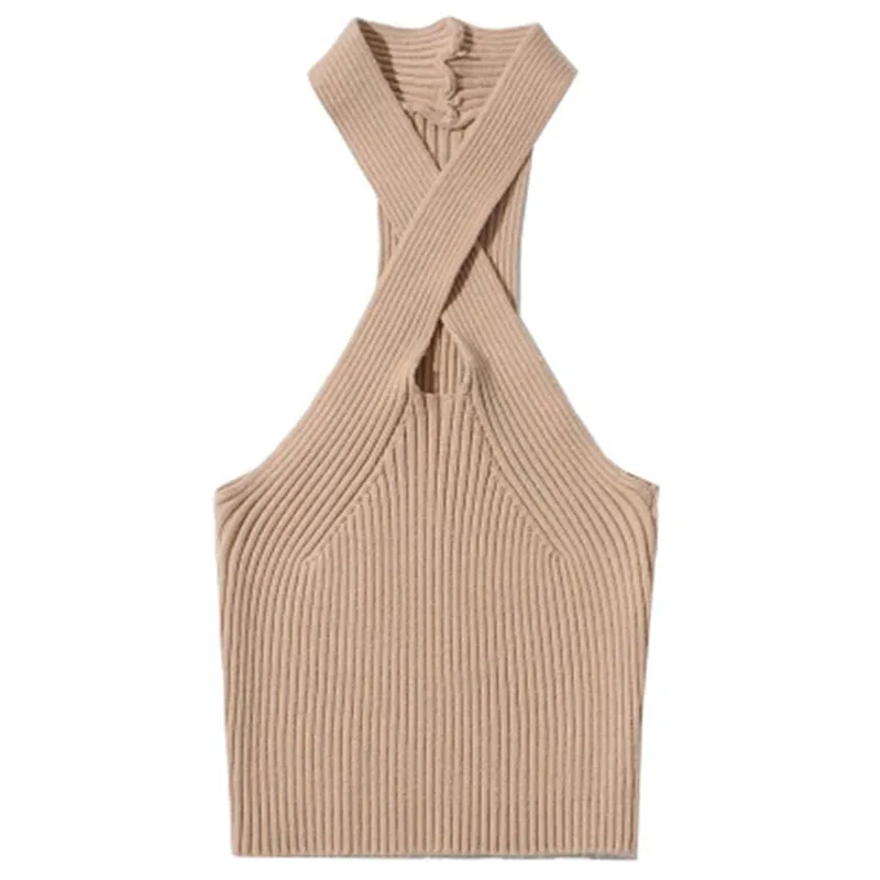 Fashion Streetwear Knitted Camisole Comfortable Soft Slim Shirts Vest Cross Strap Off Shoulder Halter Hollow Out Tube Top