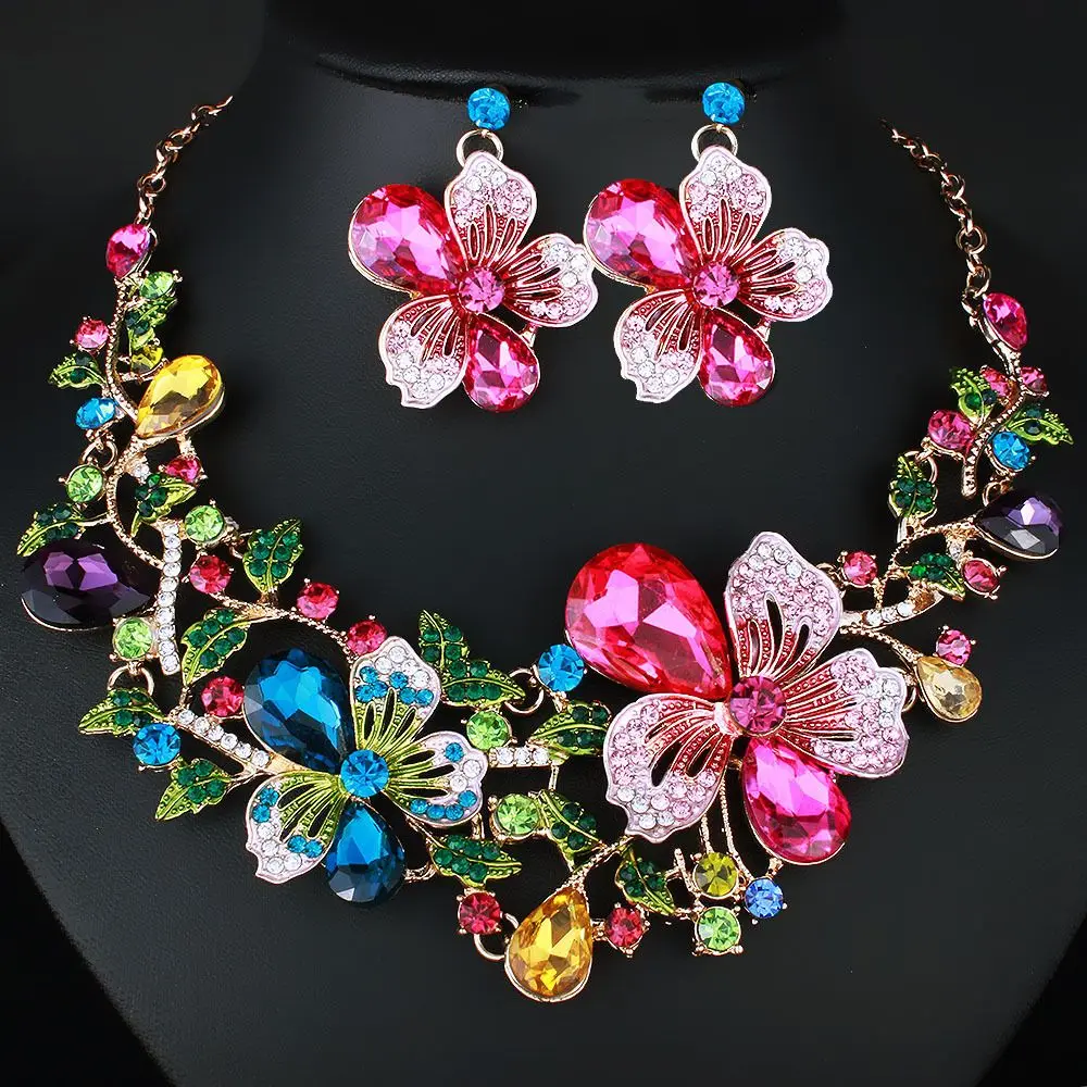 Fashion Indian Wedding Ornaments Bridal Set  Full Diamond Crystal Necklace Earrings Exaggerated Multi Color Flower Jewelry Set