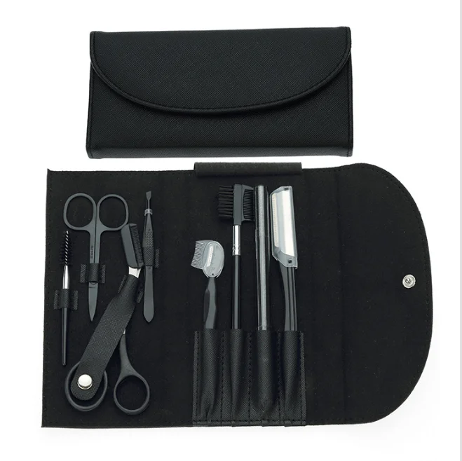 8pcs High quality Eyebrow knife kit Groomer eyebrow comb eyebrow tweezer set with PU bag