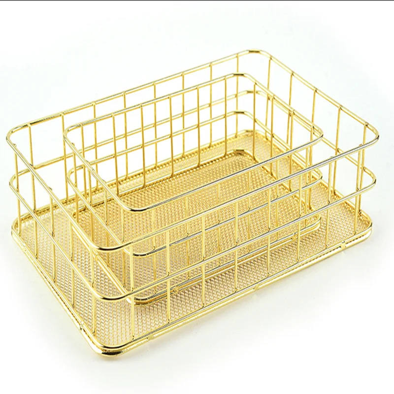 Wholesale sale stackable metal storage basket wire cosmetic golden container