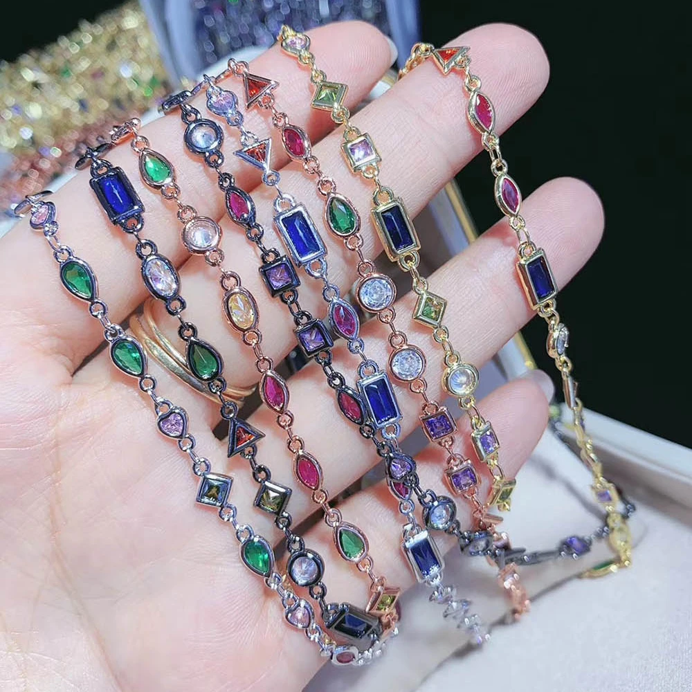 Square/Rectangle/Heart/Pear/Round Shape and Mix Color Cubic Zirconia Wire Wrapped Links CZ Rosary Chain Jewelry Findings