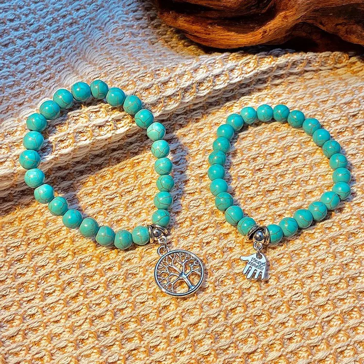 QW-127 Turtle Bird Eye Round Cross Owl Pendant Hand Jewelry Metallic Alloy Metal Elastic Ethnic Green Turquoise Beads Bracelet