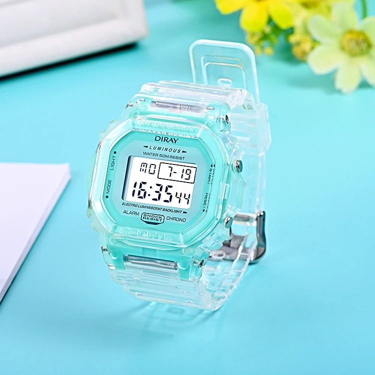 Transparent soft PU strap Cool  Alarm Timing Waterproof Square Display Date Digital Wrist Watch for women