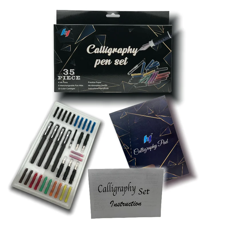 HY Gift Calligraphy Pen Set 35 Pieces/ 4 Pens 5 Nibs 22Ink Cartridges 1ink Pump 1 Instruction Booklet 1practice Paper