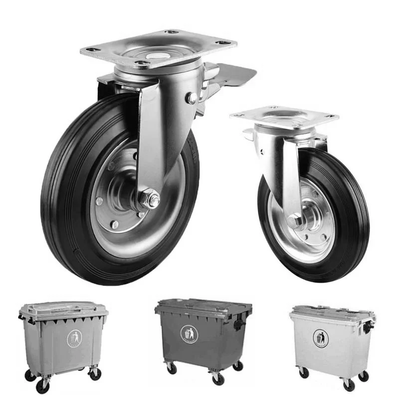 8 Inch Steel Core Dustbin Garbage Bin Caster With Brake Black Rubber Wheel
