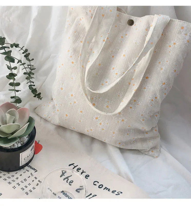 Trendy custom daisy flower printing bag women canvas shoulder tote bags