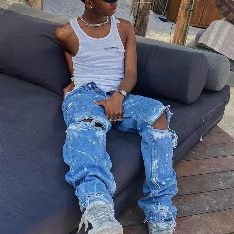 W women ripped denim pants 2022 Summer fashion hollow-out painted high-waisted straight-tube skinny Street Girl jeans