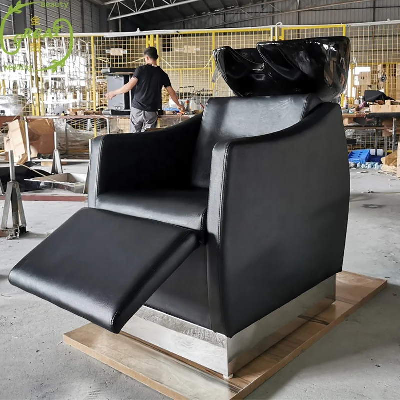 Foshan Great Factory Best Quality Black Reclining Washing Sink And Footrest Control Salon Shampoo Chair Hairdressing Basin