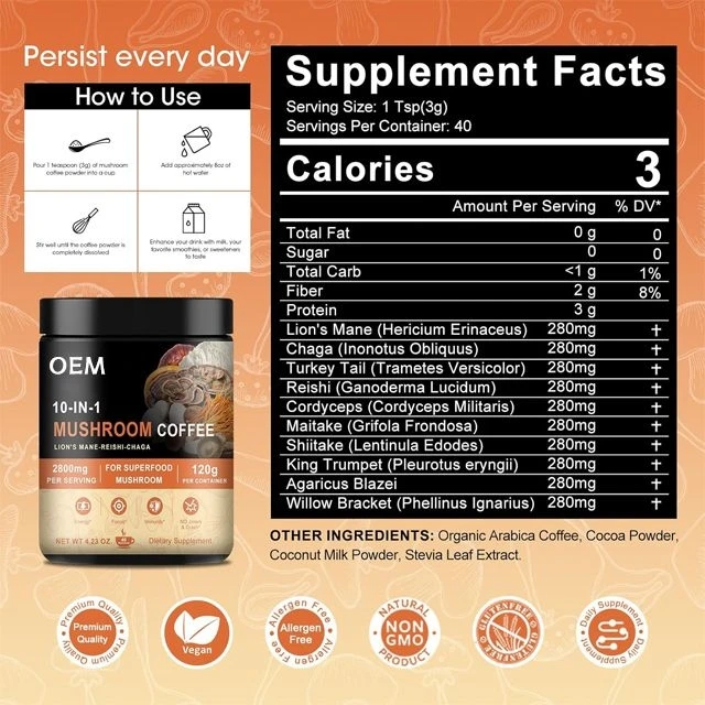 Mushroom Coffee,Blend with  Lions Mane, Reishi, Turkey Tail & More for Energy, Focus & Immune Boost OEM
