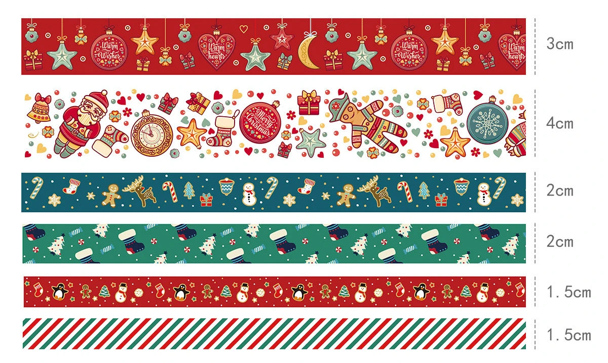 6 Rolls Holiday Washi Tapes 15mm Wide Christmas Masking Tape with 12Pcs Xmas Gift Stickers for Scrapbooking DIY Crafts