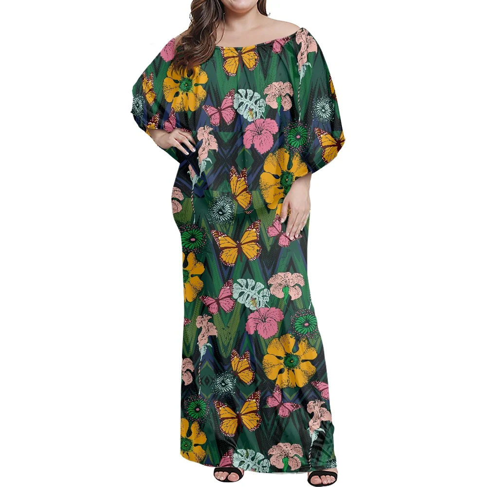 MOQ 1 Custom Low Price Dresses Hawaii Flower Polynesian Tribal Printed Wedding Dress Off Shoulder Wedding Dress