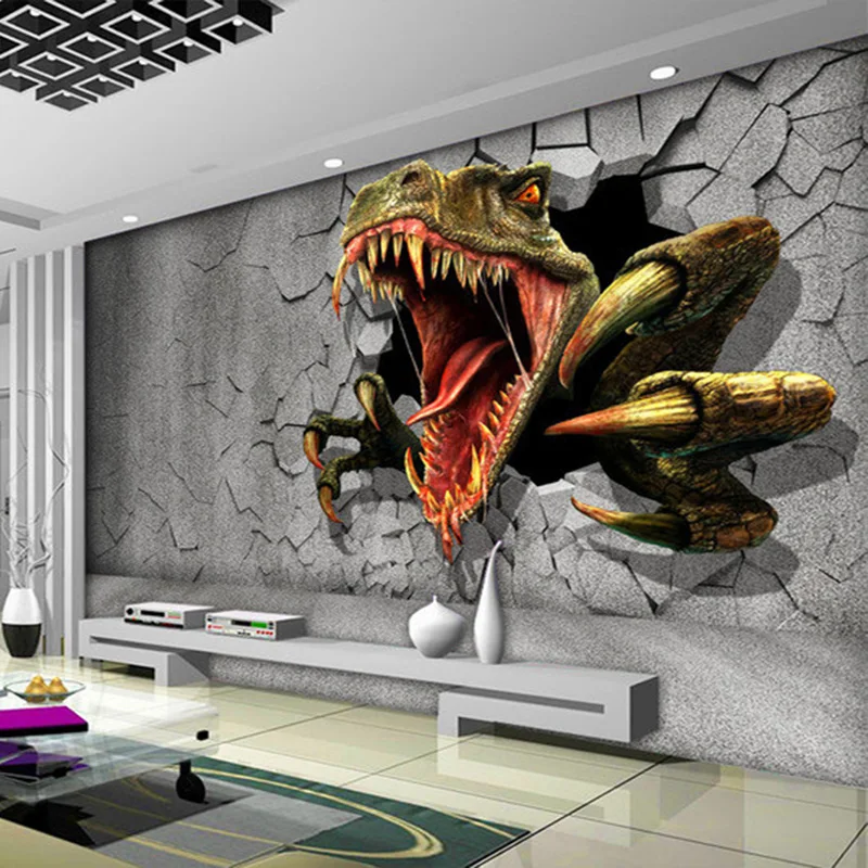 Custom Size 3D Stereo Brick Modern Creative Art Wall Painting Dinosaur Broken Wall Decoration Living Room Photo Wallpaper Poste