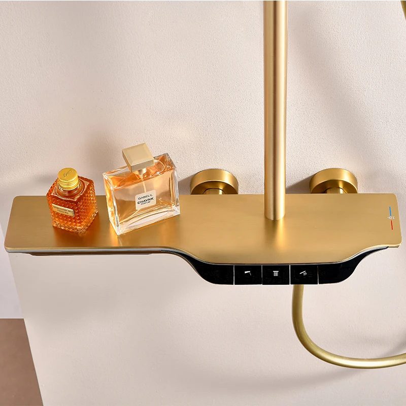 LED Light Shower Mixer Set Flow Exposed Smart Bathroom Shower Set with Piano Button Shower Thermostatic Bath Tap