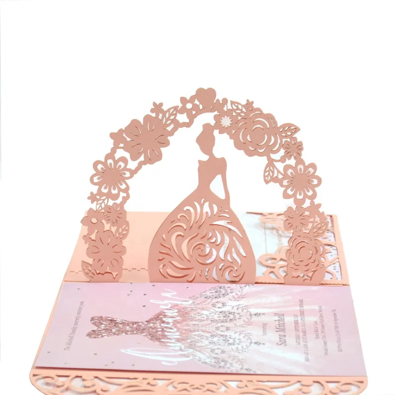 Лазерная резка quinceanera Декор всплывающие приглашения Карманный складной 3D Золушка каретка приглашение