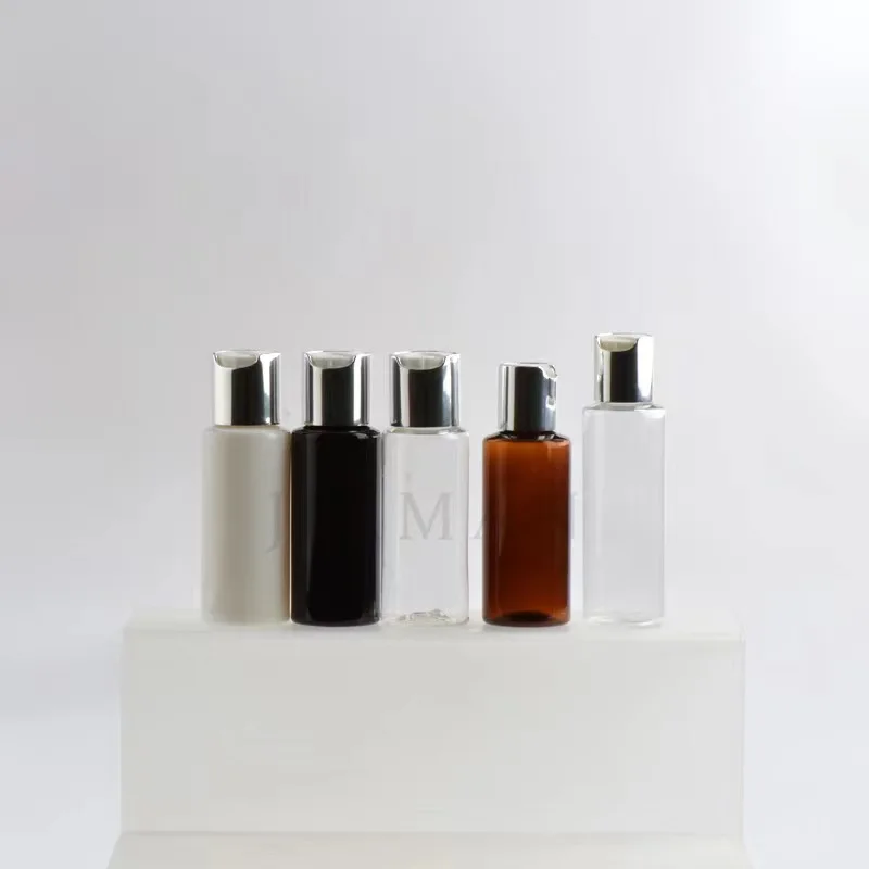 60ML PET Plastic Amber Clear Bottle with Disc Top Caps Cosmetic Shampoo Cream Packaging Gold Silver Disc Top Lids Container