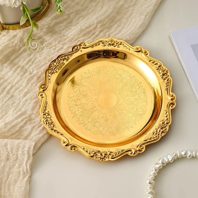 European Banquet High-End Luxury Metal Silver Plated Tableware Retro Dinner Gold Silver Decorative Jewellery Tray Dessert Cake