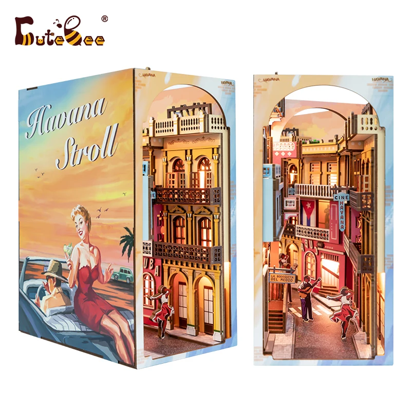 Cutebee Fashion Style Havana Stroll Laser Cut Dollhouse Kit Bookshelf Insert Alley Street Book Nook