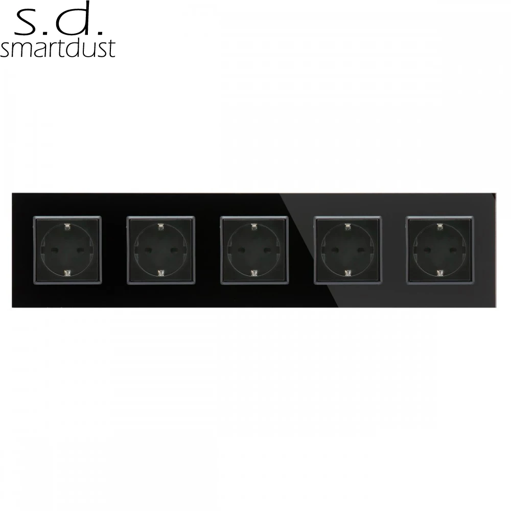 Smartdust Big Panel Outlets CE Tempered Glass 5 Gang Ways AC EU Power Schuko Socket Germany French Russia Electrical Socket
