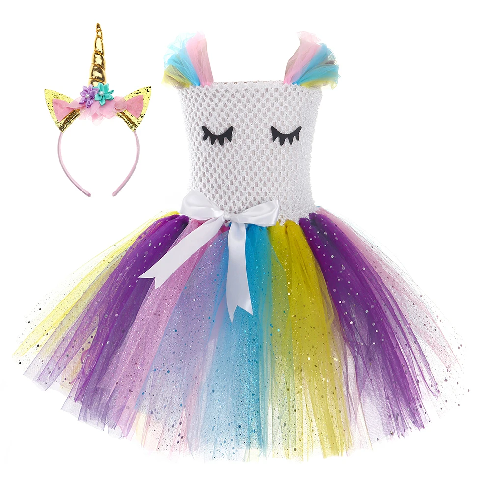New Arrival Girl Beautiful Unicorn Dress Lace Colorful Chiffon Kids Tulle Birthday Party Tutu Dress with Headband Children Girls