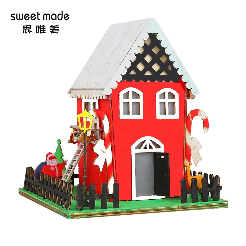 Christmas Small House Mould Diy Puzzle Wood Art Craft Children Toys Creative Wood Puzzle With Color Paintbrush