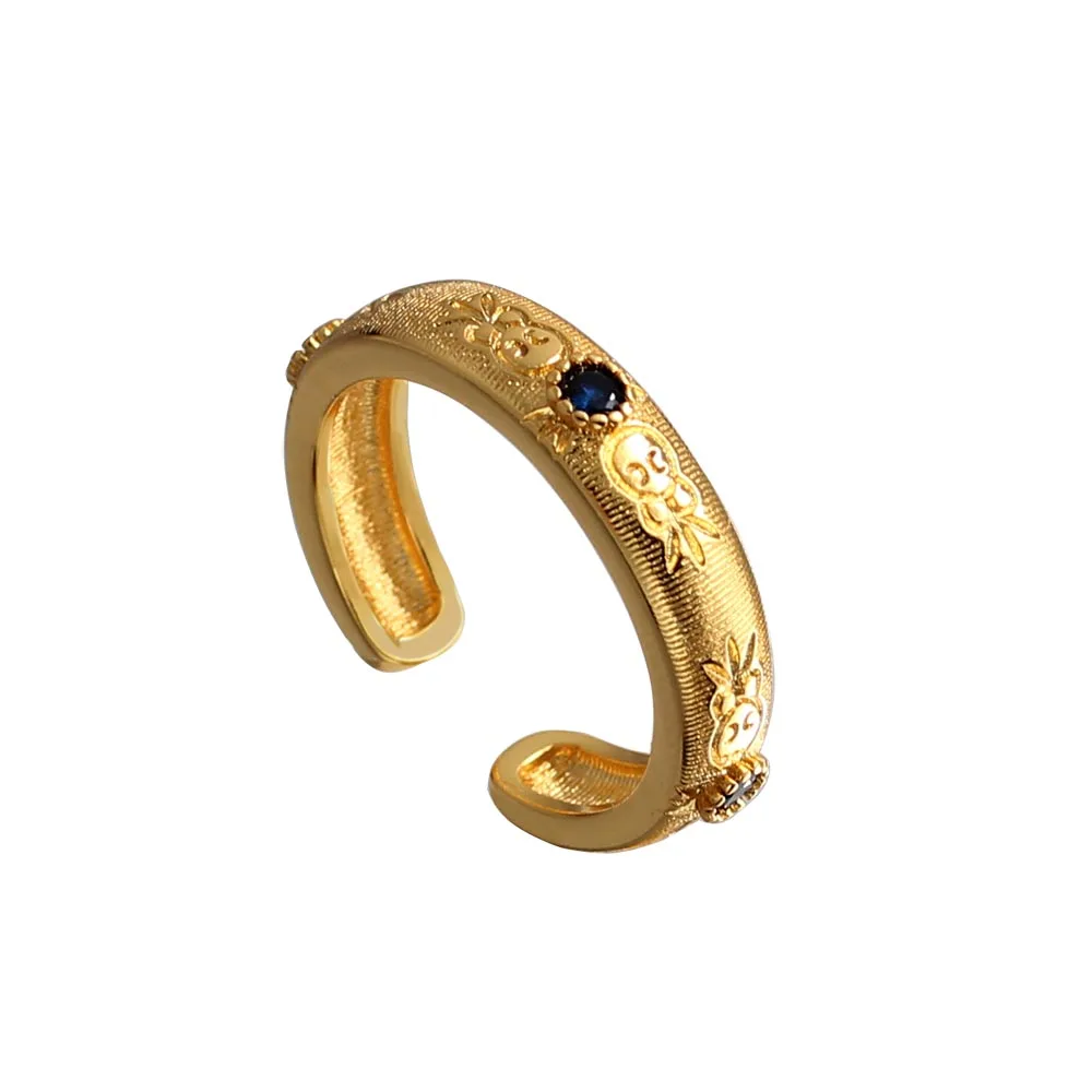 Palace Medieval Carved Brushed Inlaid Small Round Diamond Adjustable Women Ring