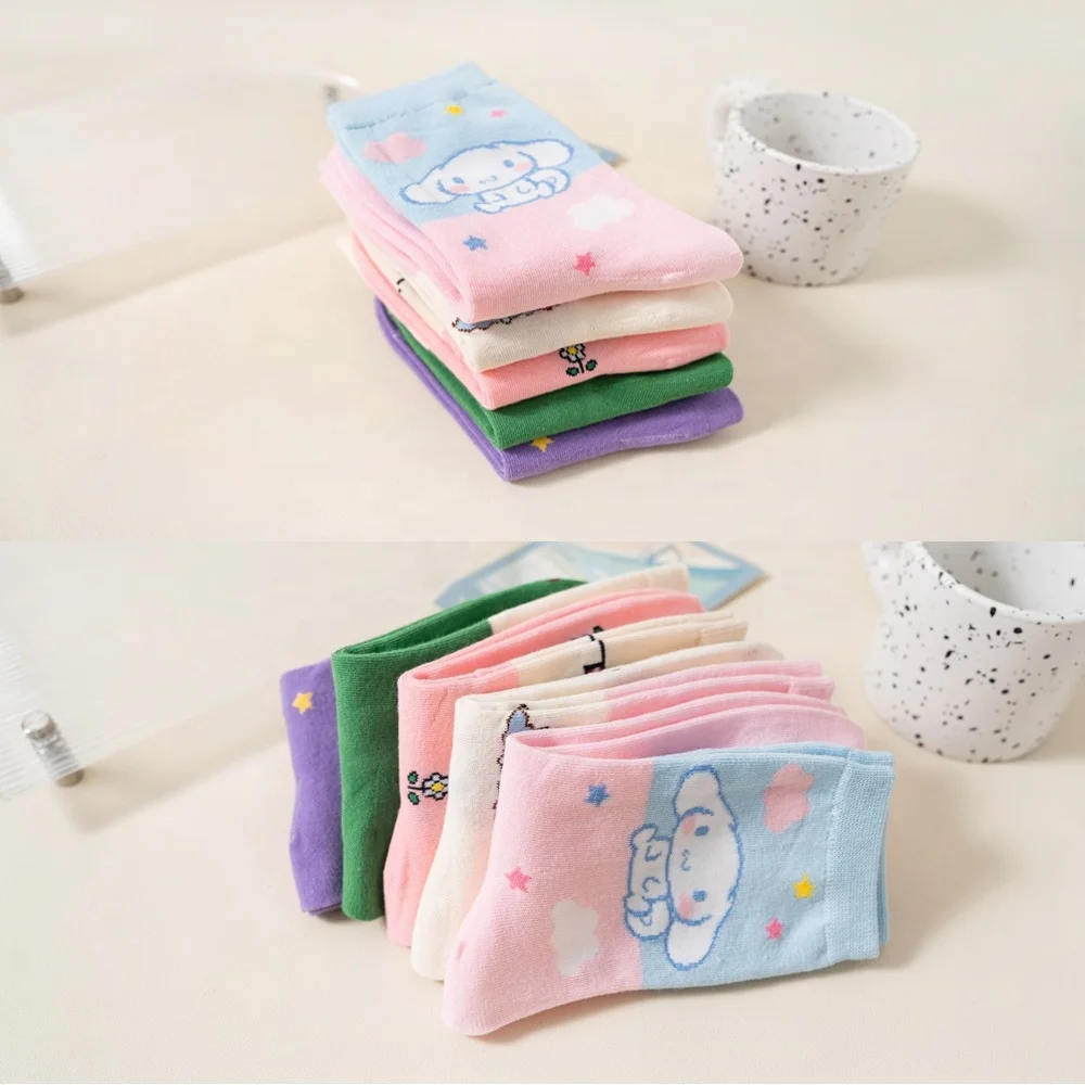 Hot Kawaii Sanrios Cotton Socks Anime KT Cat Kuromi Cinnamoroll Breathable Cartoon Socks Cute Girls Cotton Home Warm Sock