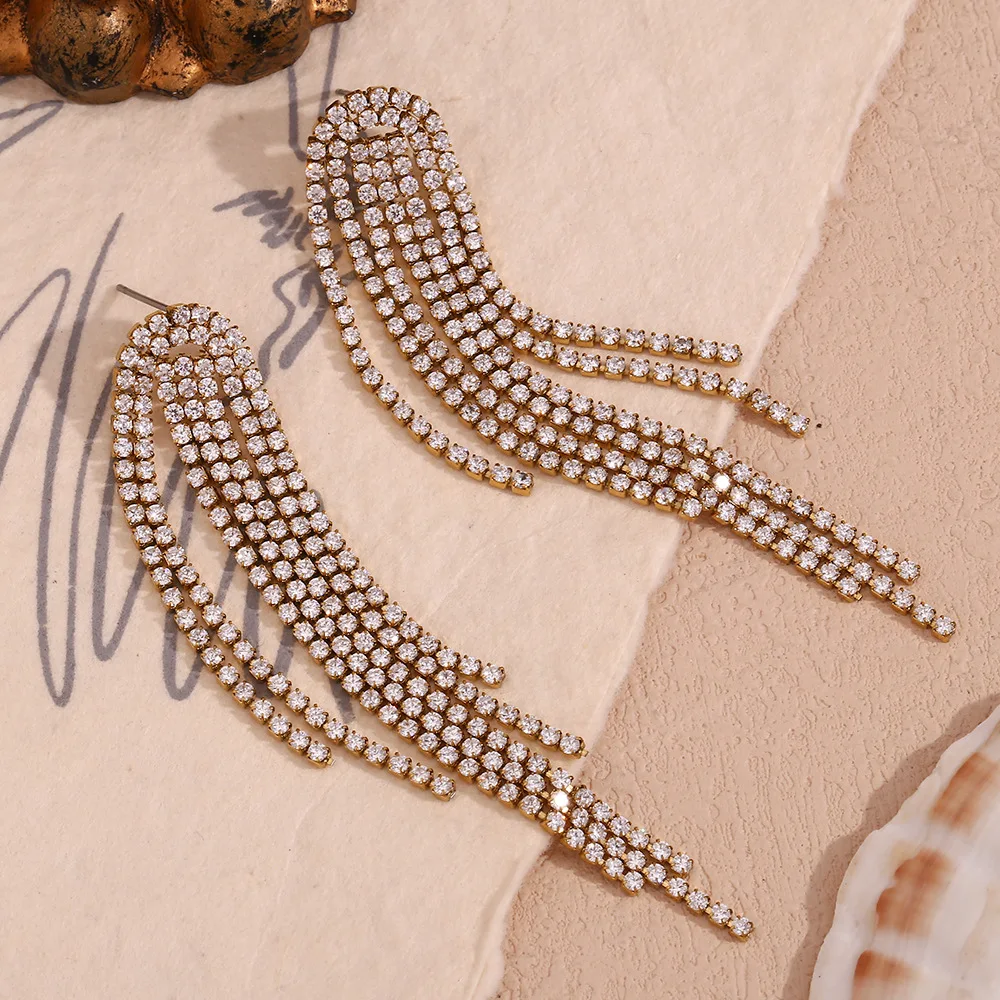18K Gold Plated Stainless Steel Women Party Jewelry Luxury Shining Diamond Zirconia Chain Fringe Dangle Tassel Earrings
