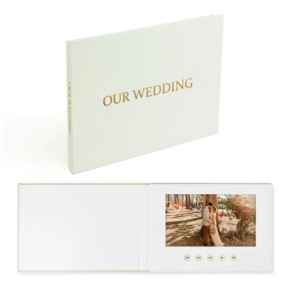 Custom printing  OUR WEDDING  gold foil linen video book digital lcd screen Linen Bound wedding video books Video Album
