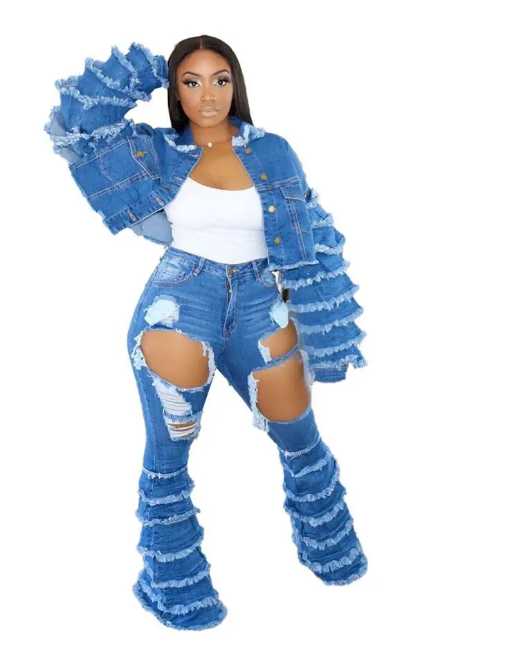 2021 New style ladies frayed fringe style blue denim jacket bell short-sleeved flared jeans jacket for women