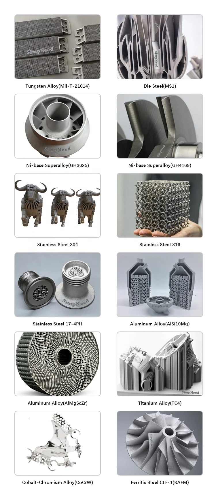 SimpNeed 3D print metal powder Titanium Alloy TC4 316L AlSi10Mg   304  17-4PH   In718   IN625   MS1  AlMgScZr CuSn10