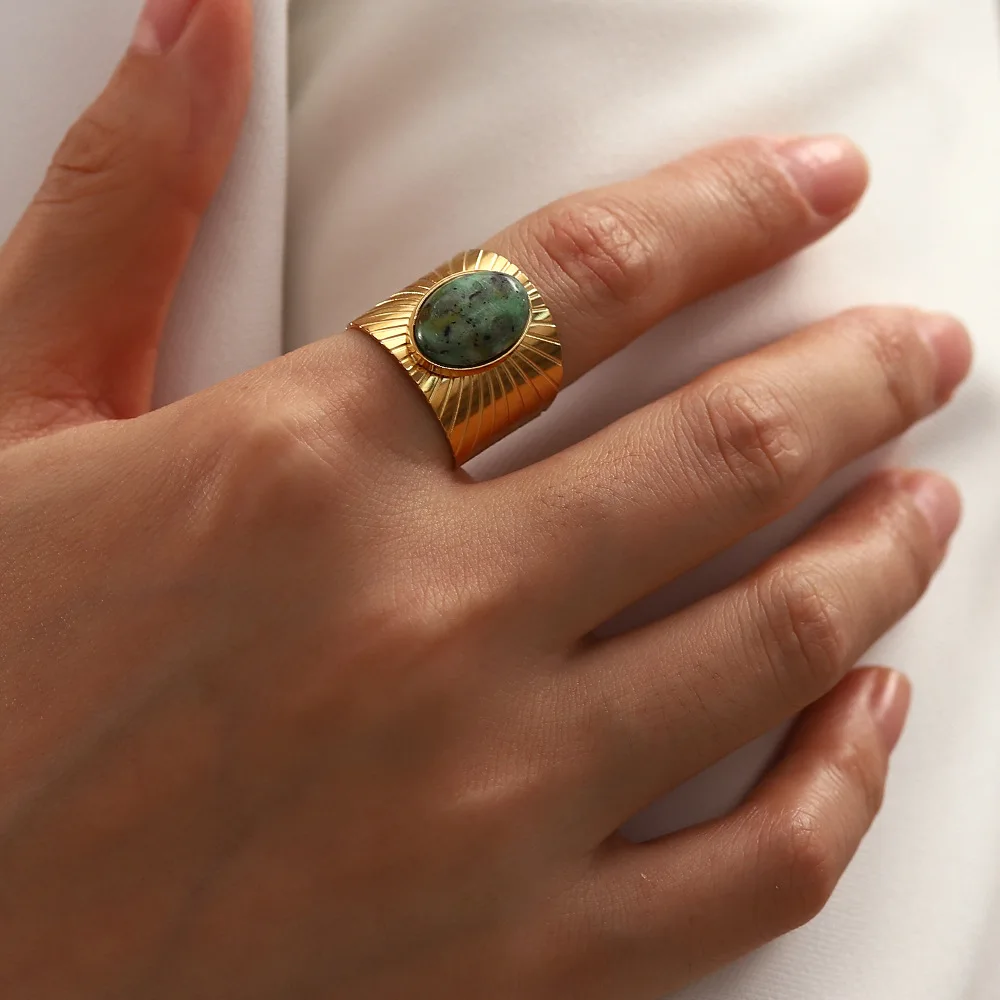 Vintage Oval African turquoise wide-faced opening Ring 18K gold plated stainless steel Sun Ring for women