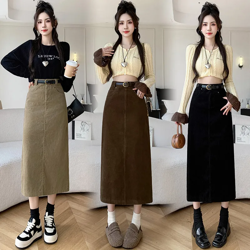 High Waisted Corduroy Skirt for Women Mid-Length with Slim Temperament Retro Hepburn Style for Autumn and Winter