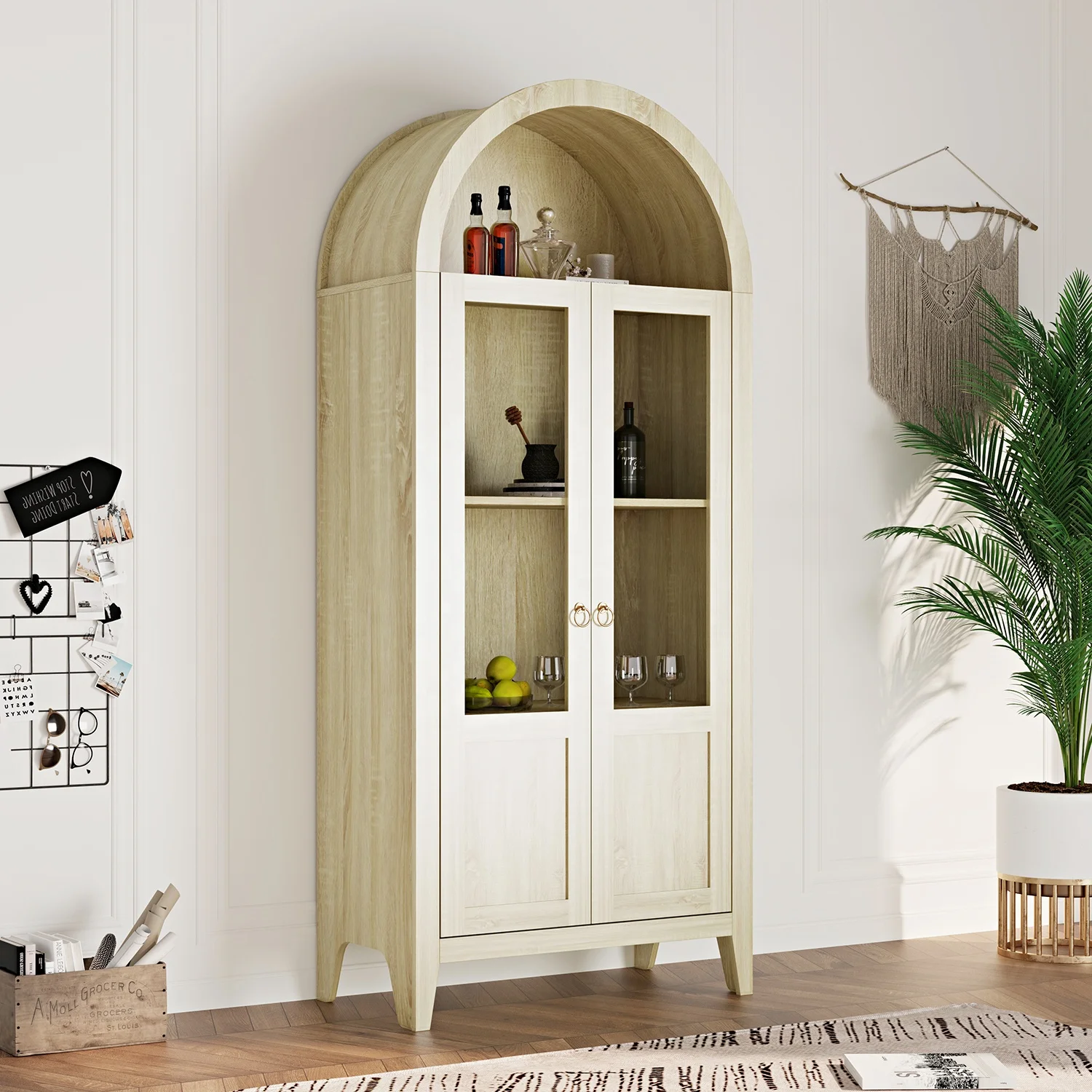 Tall arched kitchen dining book wine bar wood rattan storage display cabinet for living room, Accent Cabinet
